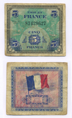 ФРАНЦИЯ 5 ФРАНКОВ 1944 Pick 115a бумага 7205-17-2-1