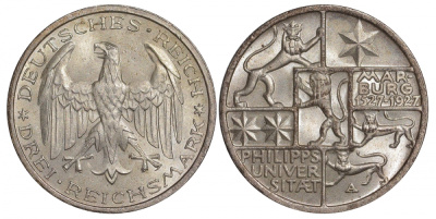 Германия 3 марки 1927 A, 400 лет Университету Марбурга J. 330, KM 53 серебро 00-812-06