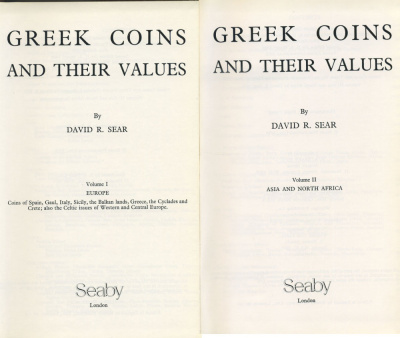 ДЭВИД Р. СИР ГРЕЧЕСКИЕ МОНЕТЫ И ИХ СТОИМОСТЬ В ДВУХ ТОМАХ (ЯЗЫК: АНГЛ.) 1978 DAVID R. SEAR, H. A. SEABY, GREEK COINS AND THEIR VALUES, 1ST EDITION, ЧАСТЬ 1: ЕВРОПА - 317 СТРАНИЦ + 40 ТАБЛИЦ С ИЛЛЮСТРАЦИЯМИ, ЧАСТЬ 2: АЗИЯ И СЕВЕРНАЯ АФРИКА - 762 СТРАНИЦЫ +