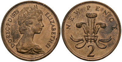 Великобритания 2 пенса 1978 Елизавета II (1952-2022) KM 916, Spink 4235 (C1) бронза 4381-342