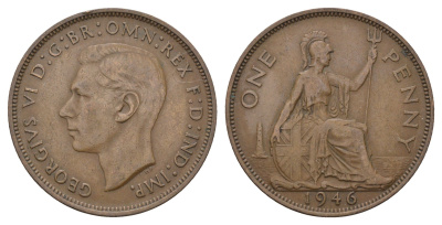Великобритания 1 пенни 1946 Георг VI (1936-1952) KM 845, Spink 4114 бронза 221-722