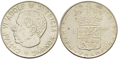 Швеция 1 крона 1963 U, Густав VI Адольф (1950-1973) KM 826 серебро 4126-826