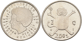 Нидерланды 1 гульден 2001 прощай гульден, детский рисунок, лев с флагом в руках KM 233 никель UNC 4116-113