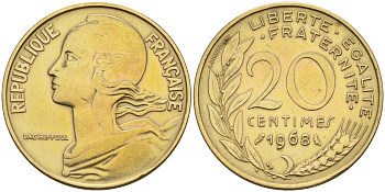 Франция 20 сантимов 1968 тип Marianne KM 930 медь алюминий никель    4595-1057