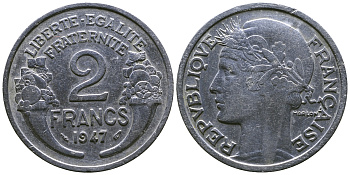 Франция 2 франка 1947 KM 886a.1 алюминий 4381-211
