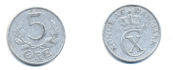 ДАНИЯ 5 ЭРЕ 1941 N ; S, КРИСТИАН X (1912-1947) KM 834 алюминий 23-134