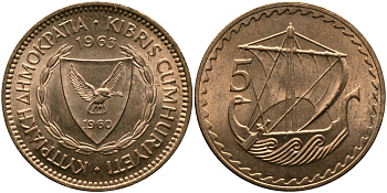 Кипр 5 милсов 1963 парусник KM 39 бронза aUNC 33-754