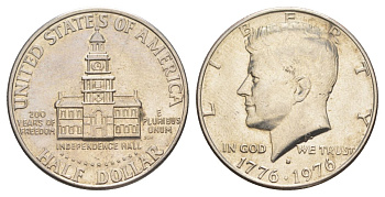 США 1/2 доллара (50 центов) 1976 D, 200 лет независимости, Джон Кеннеди KM 205 медь плакированная медно-никелем aUNC 4565-345