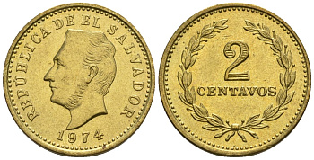 Сальвадор 2 сентаво 1974 год тип, Франсиско Морасан KM 147, Schoen 19 латунь 4124-253