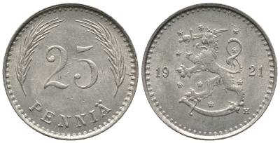 ФИНЛЯНДИЯ 25 ПЕННИ 1921 KM 25 медно-никель 99-812