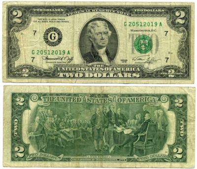 США 2 ДОЛЛАРА 1976 БУКВА G, БЛОК 7, ДЖЕФФЕРСОН, ШТАТ ИЛЛИНОИС, ЧИКАГО Pick 461 бумага 6262-30-1-2