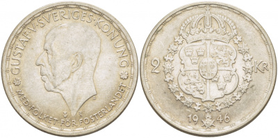 Швеция 2 кроны 1946 TS, Густав V (1907-1950) KM 815 серебро aUNC 3457-135