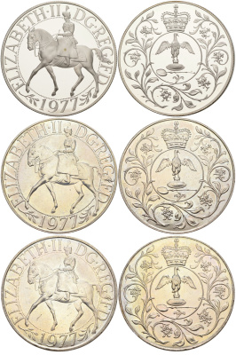 Великобритания набор из 3 монет по 25 пенсов 1977 25 лет со дня коронации Елизаветы, Елизавета II (1952-2022) KM 894 и 920a, Spink 4136 и 4227 медно-никель, серебро PROOF, UNC, UNC 7-5-1-14