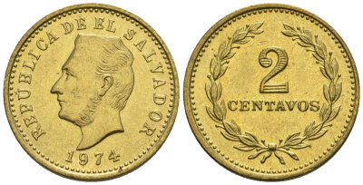 Сальвадор 2 сентаво 1974 год тип, Франсиско Морасан KM 147, Schoen 19 латунь 4124-253