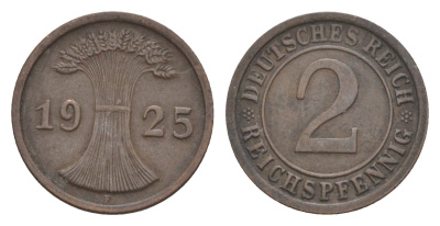 Германия 2 рейхспфеннига 1925 F KM 38, J.314, Weege 4 медь 4639-1228