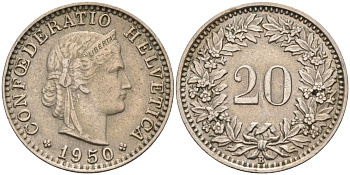 Швейцария 20 раппенов 1950 В KM 29а медно-никель 4592-914