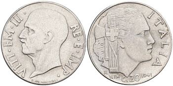ИТАЛИЯ 20 ЧЕНТЕЗИМО 1941 R, ГОД XIX, ВИКТОР ЭММАНУИЛ III (1900-1946) KM 75b, VEM3. 1028 нержавеющая сталь 3853-721
