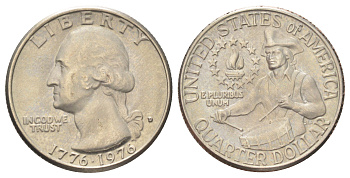 США 25 центов (квотер, 1/4 доллара) 1976 D, 200 лет независимости (1776-1976), Вашингтон, барабанщик KM 204 медь плакированная медно-никелем 4666-935