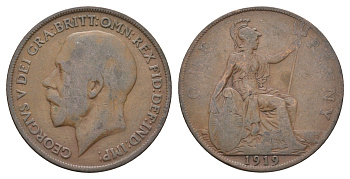 Великобритания 1 пенни 1919 Георг V (1910-1936) KM 810, Spink 4051 бронза 4661-622