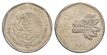 Мексика 5 песо 1981 Мо, бог Кетцалькоатцаль (пернатый змей) KM 485 медно-никель 4656-1231