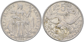 Французская Новая Каледония 5 франков 1994 птица кагу, (IEOM) KM 16, Schoen 12, Lec 81 алюминий 189-134