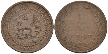 Нидерланды 1 цент 1902 Вильгельмина (1890-1948) KM 132 бронза 4576-651