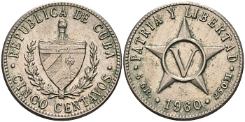 Куба 5 сентаво 1960 звезда, республика (1915-1961) KM 11.3 медно-никель 175-1045
