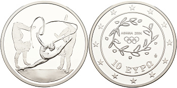 Греция 10 евро 2003 XXVIII летние Олимпийские игры 2004 года в Афинах, художественная гимнастика KM 199 серебро PROOF 06-236-13