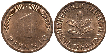 ФРГ 1 пфеннига 1969 G KM 105, J. 380 сталь плакированная медью UNC 99-1255