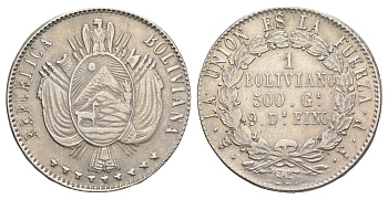 Боливия 1 боливано 1867 FP, крайне редкая разновидность - 9 звезд KM 152.1 серебро 00-814-54