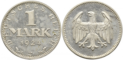 Германия 1 марка 1924 J KM 42, J. 311, Weege 14 серебро PROOF 00-817-58
