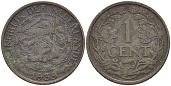 Нидерланды 1 цент 1939 Вильгельмина I (1890-1948) KM 152 бронза 4532-1064