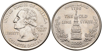 США 25 центов = квотер 2000 Р, серия штаты США, Мэриленд KM 306 медь плакированная медно-никелем 4586-126
