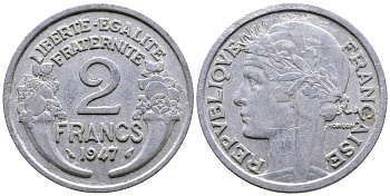 Франция 2 франка 1947 KM 886а.1 алюминий 81-112