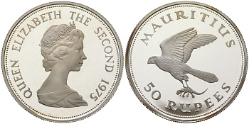 Маврикий 50 рупий 1975 Охрана окружающей среды - Маврикийская пустельга KM 41a серебро PROOF 11-326-34