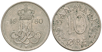Дания 10 эре 1980 Маргрете II (1972-2024) KM 860.2 медно-никель 4651-125