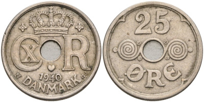Дания 25 эре 1940 Кристиан IX (1912-1947) KM 823 медно-никель 4573-526