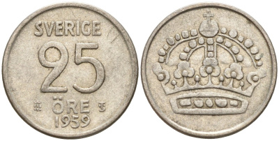 Швеция 25 эре 1959 TS, Густав VI Адольф (1950-1973) KM 824 серебро 4147-1066