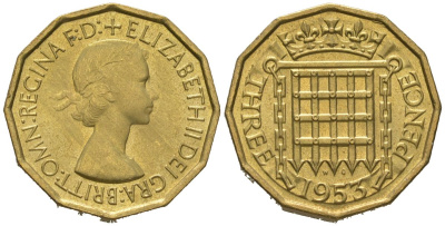 Великобритания 3 пенса 1953 Елизавета II (1952-2022) KM 886, Spink 4152 никель латунь UNC 4163-811