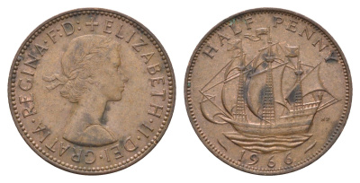 Великобритания 1/2 пенни 1966 Елизавета II (1952-2022) KM 896, Spink 4158 бронза 4663-117