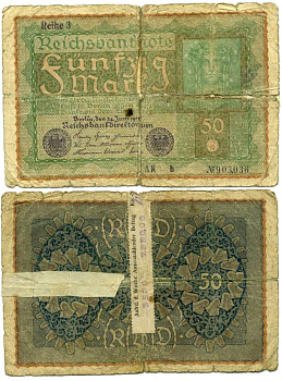 ГЕРМАНИЯ 50 МАРОК 1919 24 ИЮНЯ 1919, REIHE 3, СЕРИЯ АК, ВЫПУСК ФЕВРАЛЬ 1920 ГОДА, РЕСТАВРАЦИЯ Pick 66, Rosenberg 62с бумага 8616-35-2-1