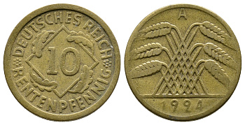 ГЕРМАНИЯ 10 РЕНТЕНПФЕННИГОВ 1924 A KM 33, J. 309, Weege 8 алюминиевая бронза 4380-927