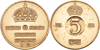 Швеция 5 эре 1966 U Густав VI Адольф (1950-1973) KM 822 бронза 4548-422
