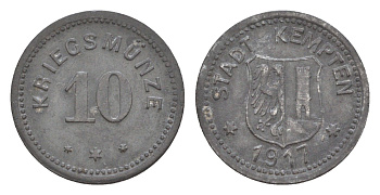 Кемптен 10 пфеннигов 1917 Funck 242.1, Men18 16228.1 цинк 4547-542