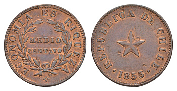 Чили 1/2 сентаво 1853 год-тип KM 126 медь 1519-624