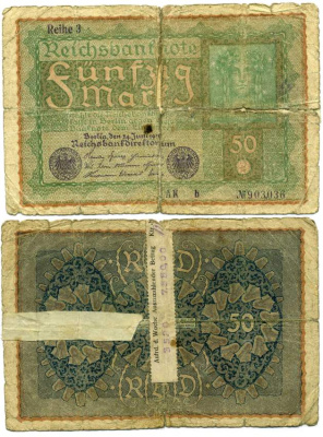 ГЕРМАНИЯ 50 МАРОК 1919 24 ИЮНЯ 1919, REIHE 3, СЕРИЯ АК, ВЫПУСК ФЕВРАЛЬ 1920 ГОДА, РЕСТАВРАЦИЯ Pick 66, Rosenberg 62с бумага 8616-35-2-1