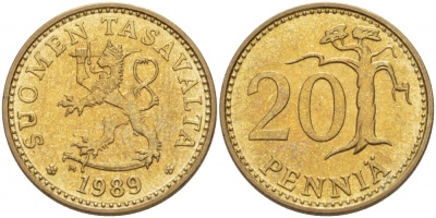 ФИНЛЯНДИЯ 20 ПЕННИ 1989 M KM 47 алюминиевая бронза UNC 3457-844