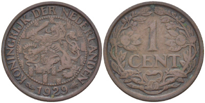НИДЕРЛАНДЫ 1 ЦЕНТ 1929 ВИЛЬГЕЛЬМИНА (1890-1948) KM 152 бронза 76-162