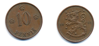 Финляндия 10 пенни 1935 республика (1918-1962) KM 24 медь 51-5456