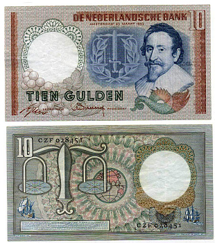 НИДЕРЛАНДЫ 10 ГУЛЬДЕНОВ 1953 АМСТЕРДАМ, 23 МАРТА 1953, ГУГО ГРОЦИЙ Pick 85 бумага 7204-31-3